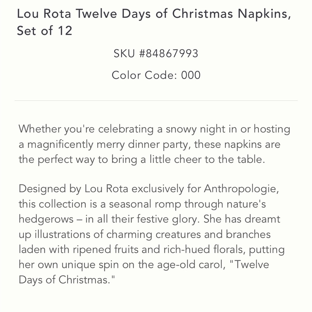 2023 Lou Rota twelve Days of Christmas napkin set of 12 - Picture 7 of 14